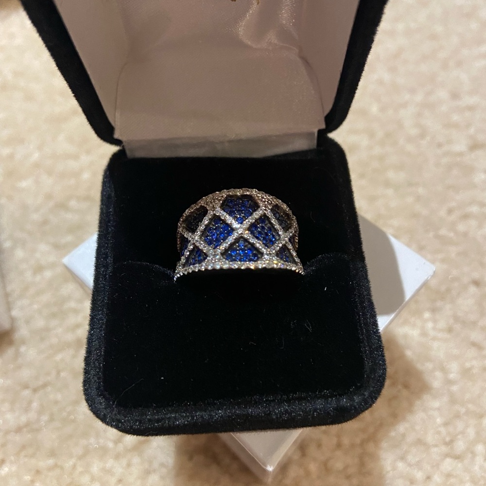 Brand new sterling silver pave CZ and sapphire ring. Size 6.  Eddie Lane jeweler